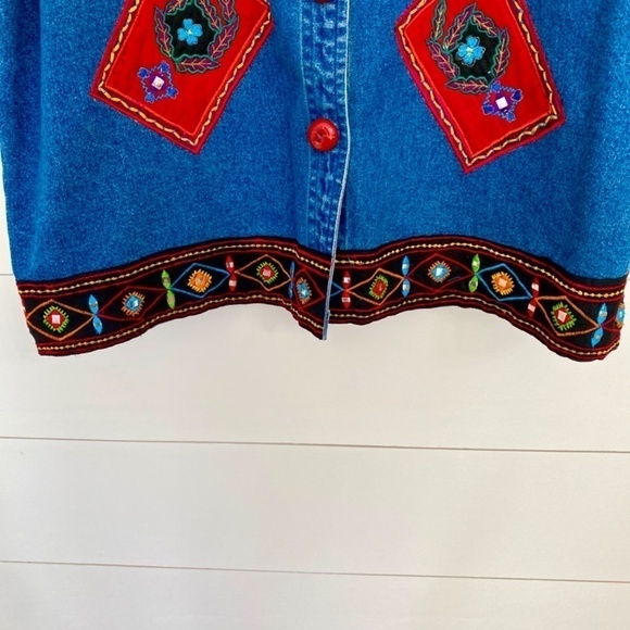 Life Style Y2K Embroidered Patchwork Denim Jean Button Down Shacket Jacket Shirt - Picture 6 of 10